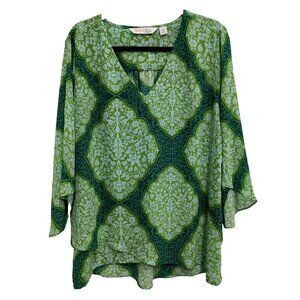 Beautiful By Lawrence Zarian Womens BOHO Blouse Size 1X Green Printed 3/4 Sleeve